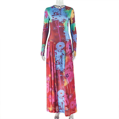 Women Clothing Vintage Crumpled Printed Patchwork Waist Slimming A line Dress round Neck Home Long Sleeve Dress