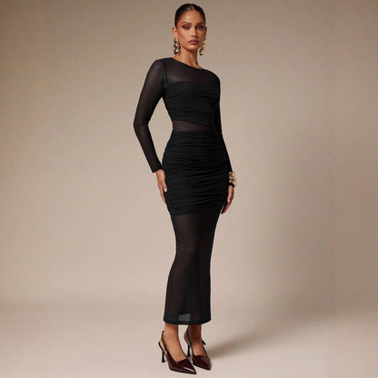 Round Neck Mesh Stitching Solid Color Slim Fit Sheath Pleated Edge Ladies Long Dress