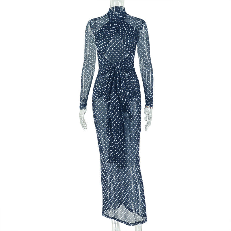 Outdoor Elegant Women Clothing Polka Dot Cinched Hip Dress Turtleneck Long Sleeve Travel Tight Dress
