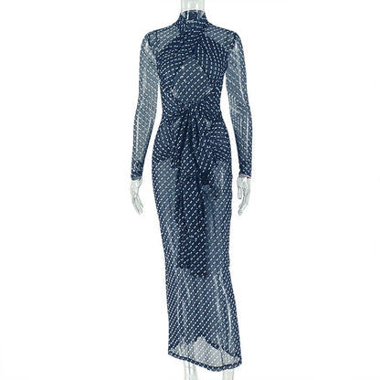 Outdoor Elegant Women Clothing Polka Dot Cinched Hip Dress Turtleneck Long Sleeve Travel Tight Dress