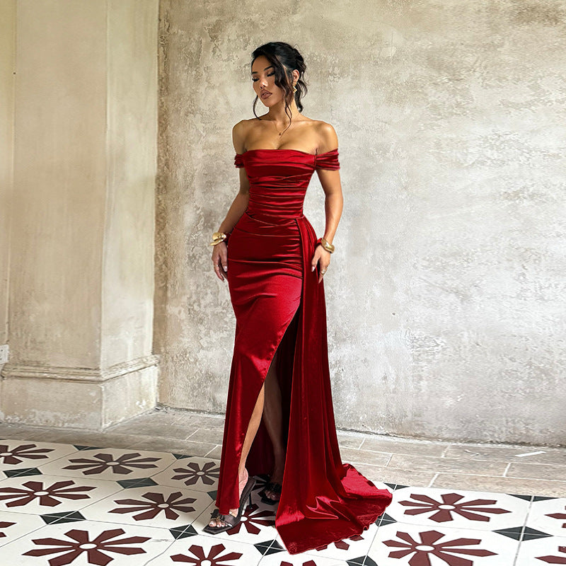 Off Shoulder Satin Dress for Women Autumn Sexy Split Dress
