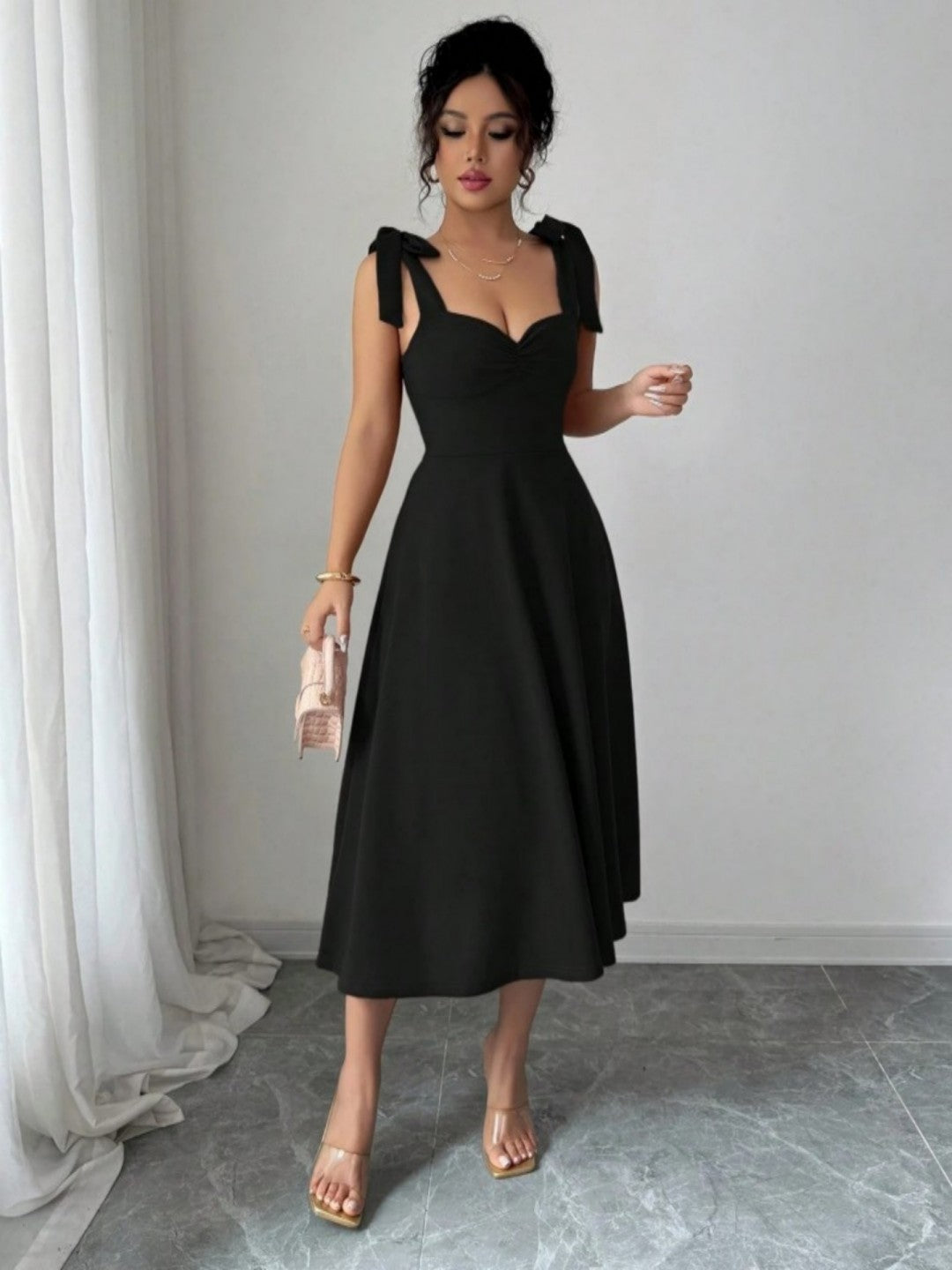 Spring Summer Solid Color Tied Dress Waist Slimming Elegant Graceful Maxi Dress