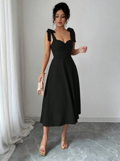 Spring Summer Solid Color Tied Dress Waist Slimming Elegant Graceful Maxi Dress