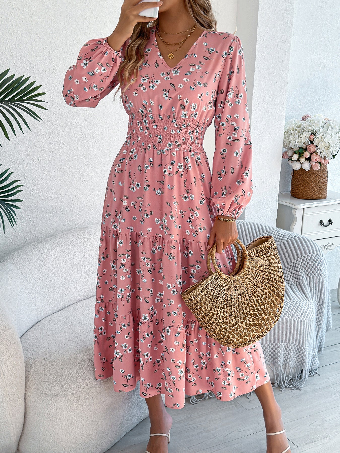 Autumn Winter Elegant Floral V neck Long Sleeve Waist Trimming Ruffles A line Women Clothing