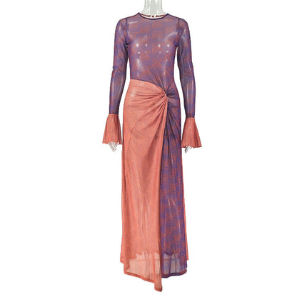 Summer Slim Fit Women Clothing Lightweight Slightly Transparent Sheath Asymmetric Dress round Neck Pleated Long Sleeve Dress
