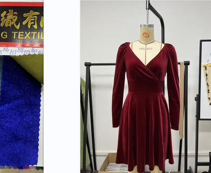 Autumn Winter V neck Waist A line Dress Sexy Velvet Dress Cocktail Dress Dress