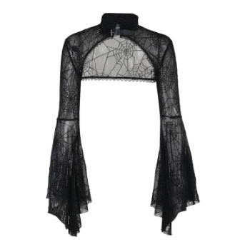 Women Clothing Autumn Halloween Dark Slightly Transparent Spider Web Smock Top Gothic Two Piece Dress Set