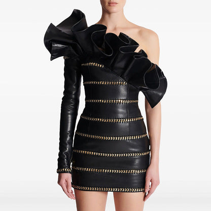 Autumn Winter Stars Heavy Industry Chain Three Dimensional Lotus Leaf Single Sleeve Leather Dress