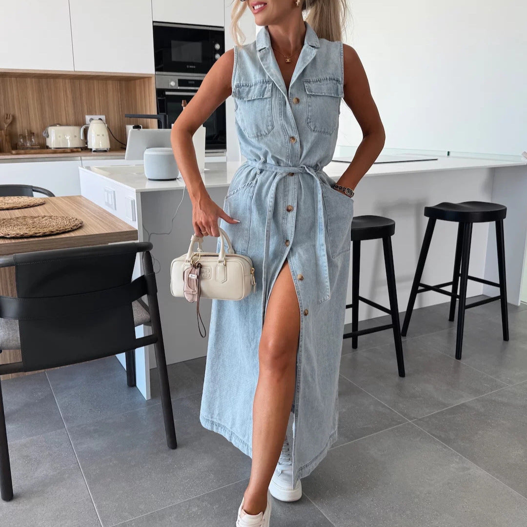 Women Sleeveless Long Tie Waist Single Breasted Denim Dress