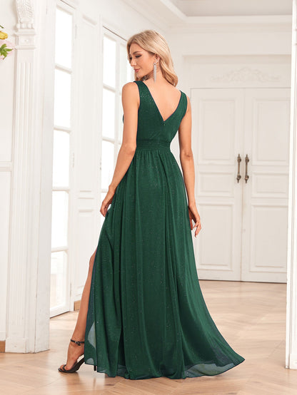 Sparkling Chiffon Sleeves Evening Dress Double V Neck A Line Bridesmaid Party Dress Side Slit Mopping