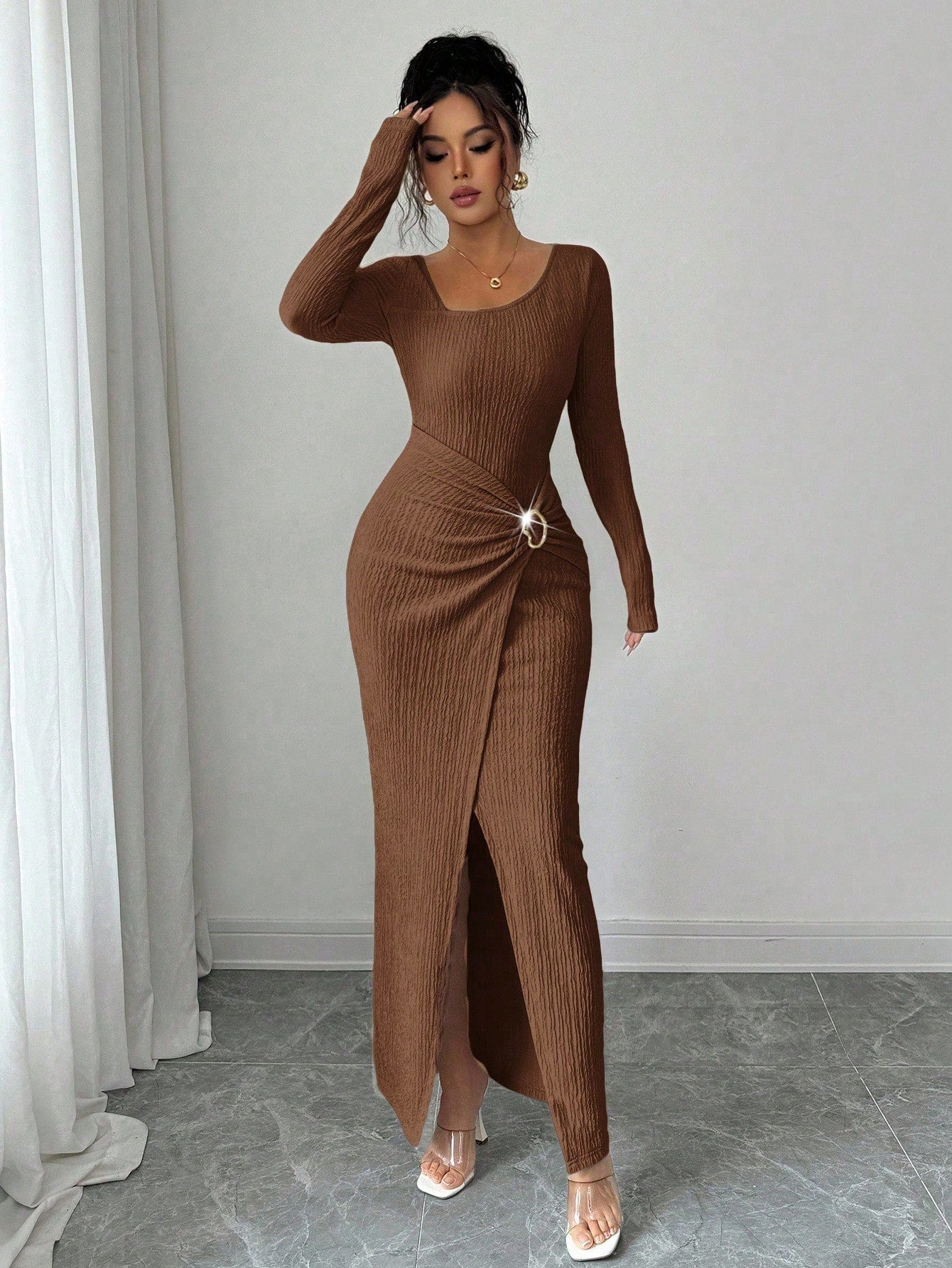 Autumn Winter Irregular Asymmetric Neckline Solid Color Knitted Texture Maxi Dress Women