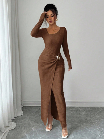 Autumn Winter Irregular Asymmetric Neckline Solid Color Knitted Texture Maxi Dress Women