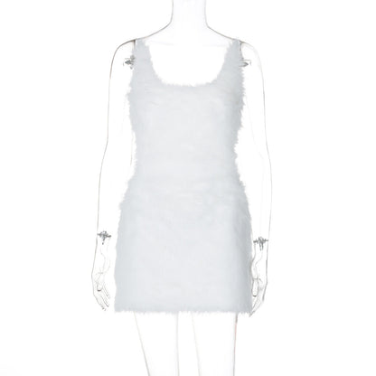 Women Clothing Sexy Hollow Out Cutout Out Backless Zipper Solid Color Furry Sling Sheath Dress Dress