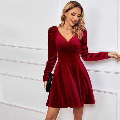 Autumn Winter V neck Waist A line Dress Sexy Velvet Dress Cocktail Dress Dress