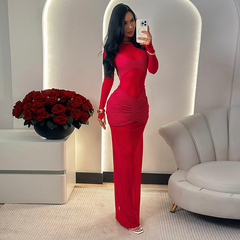 Women Clothing Autumn Arrival Solid Color Sexy Cutout Mesh Pleated Stitching Maxi Dress