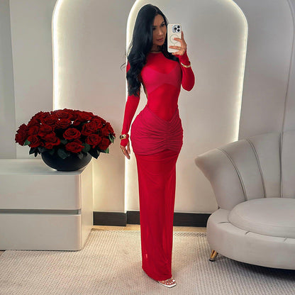 Women Clothing Autumn Arrival Solid Color Sexy Cutout Mesh Pleated Stitching Maxi Dress