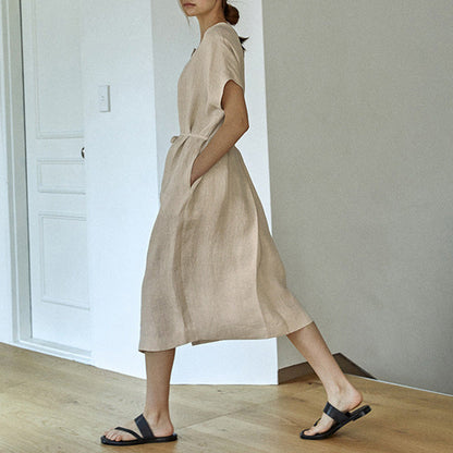 Summer Pure Linen Dress Loose Lazy Waist Lace up Midi Dress