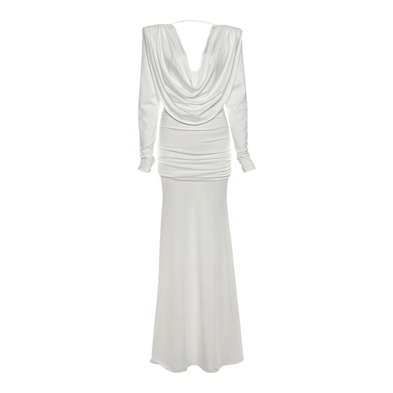 Fall Women Clothing Sexy Backless Swing Collar Slim Pleated Solid Color Long Sleeve Dress