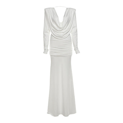 Fall Women Clothing Sexy Backless Swing Collar Slim Pleated Solid Color Long Sleeve Dress