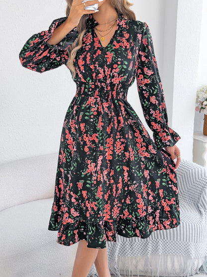Women Clothing Spring Summer Casual Floral Flared Sleeve Waist A line Dress