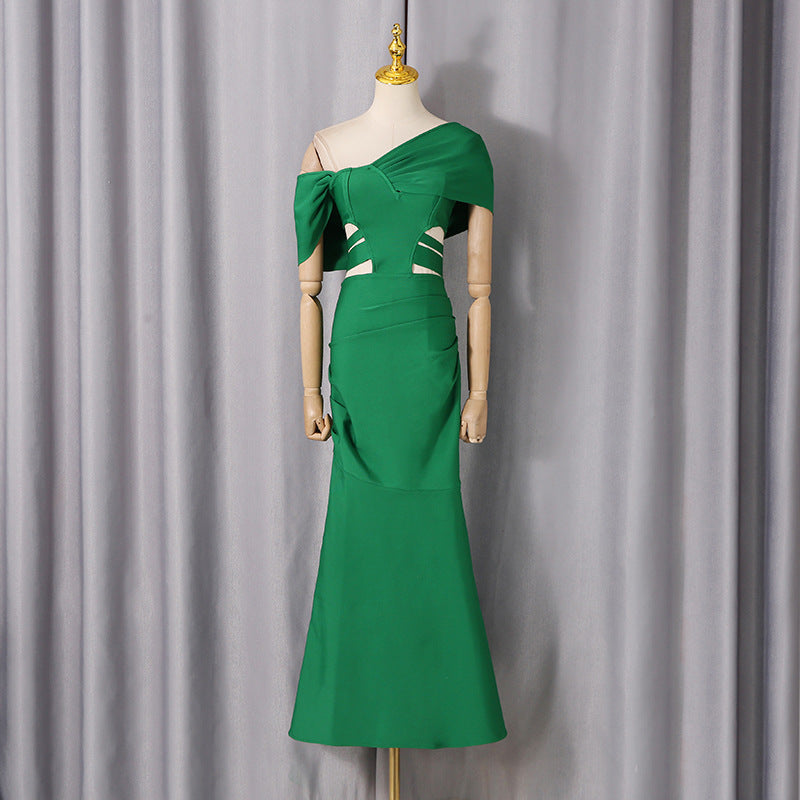 Spring Maxi Dress Solid Color Women Clothing Sexy off the Shoulder Slim Fit Slimming Tight Sheath Dress Women
