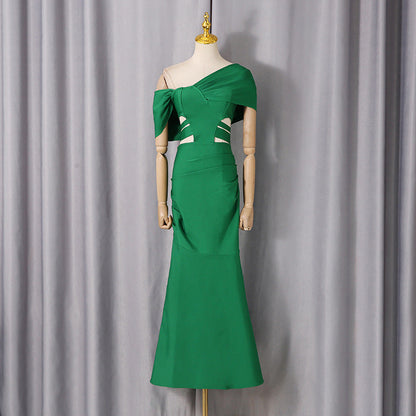 Spring Maxi Dress Solid Color Women Clothing Sexy off the Shoulder Slim Fit Slimming Tight Sheath Dress Women