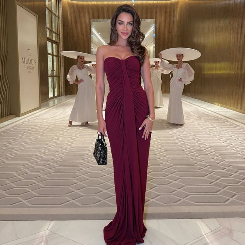 Elegant Slimming Pleated Design Stitching Ribbon Hip Bag Chest Wrapped Dress Women Clothing
