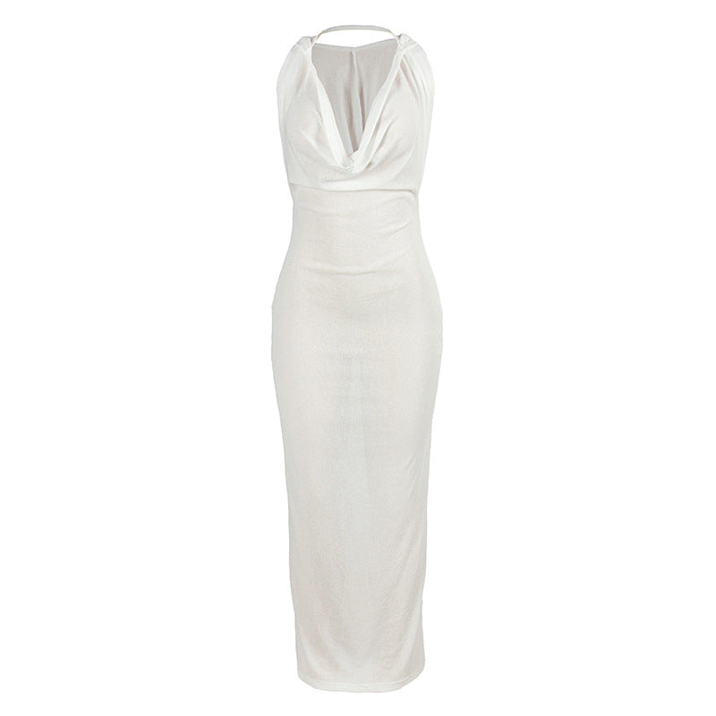 Summer Solid Color Sleeveless Hooded Swing Collar Sexy Slim Maxi Dress