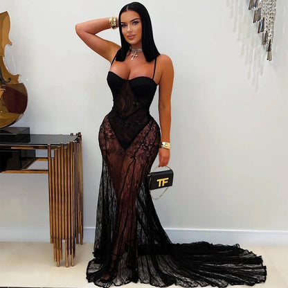 Women Wear Sexy Sling Lace See through Formal Dress