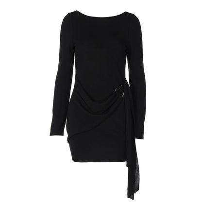 Women Clothing Autumn Solid Color Elegant Sexy Backless Long Sleeve Ribbon Dress Women