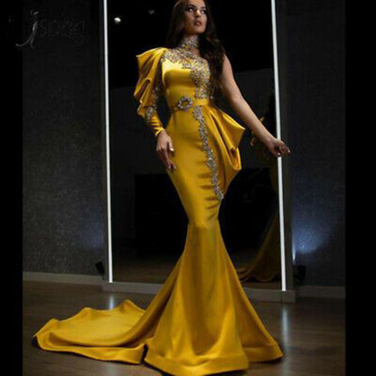 Women Clothing Evening Dress Gold High Collar Dress Cocktail Dress