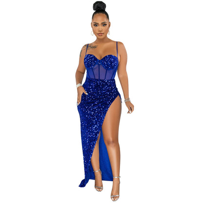 Suspenders Sequin Mesh See through Irregular Asymmetric Slit Dress Women