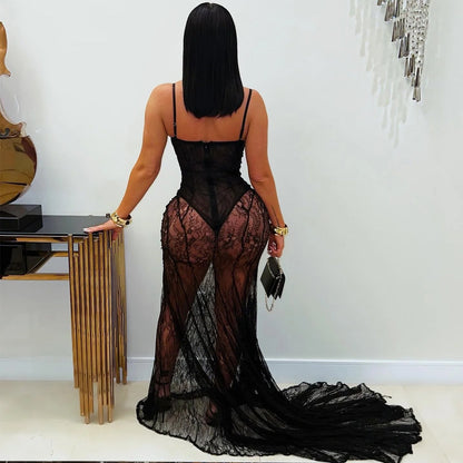 Women Wear Sexy Sling Lace See through Formal Dress