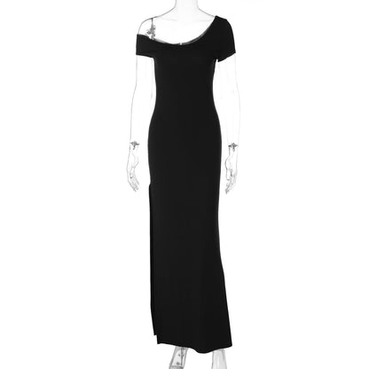 Women Sexy Low Cut Solid Color off Shoulder Short Sleeve Waist Controlled Slimming Slit Dress
