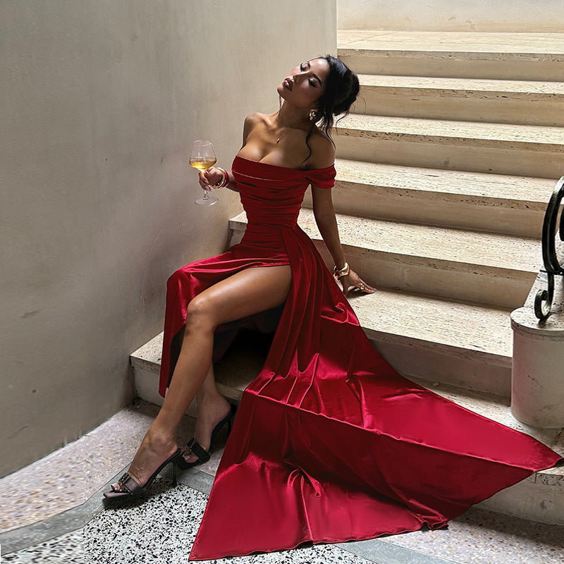 Off Shoulder Satin Dress for Women Autumn Sexy Split Dress