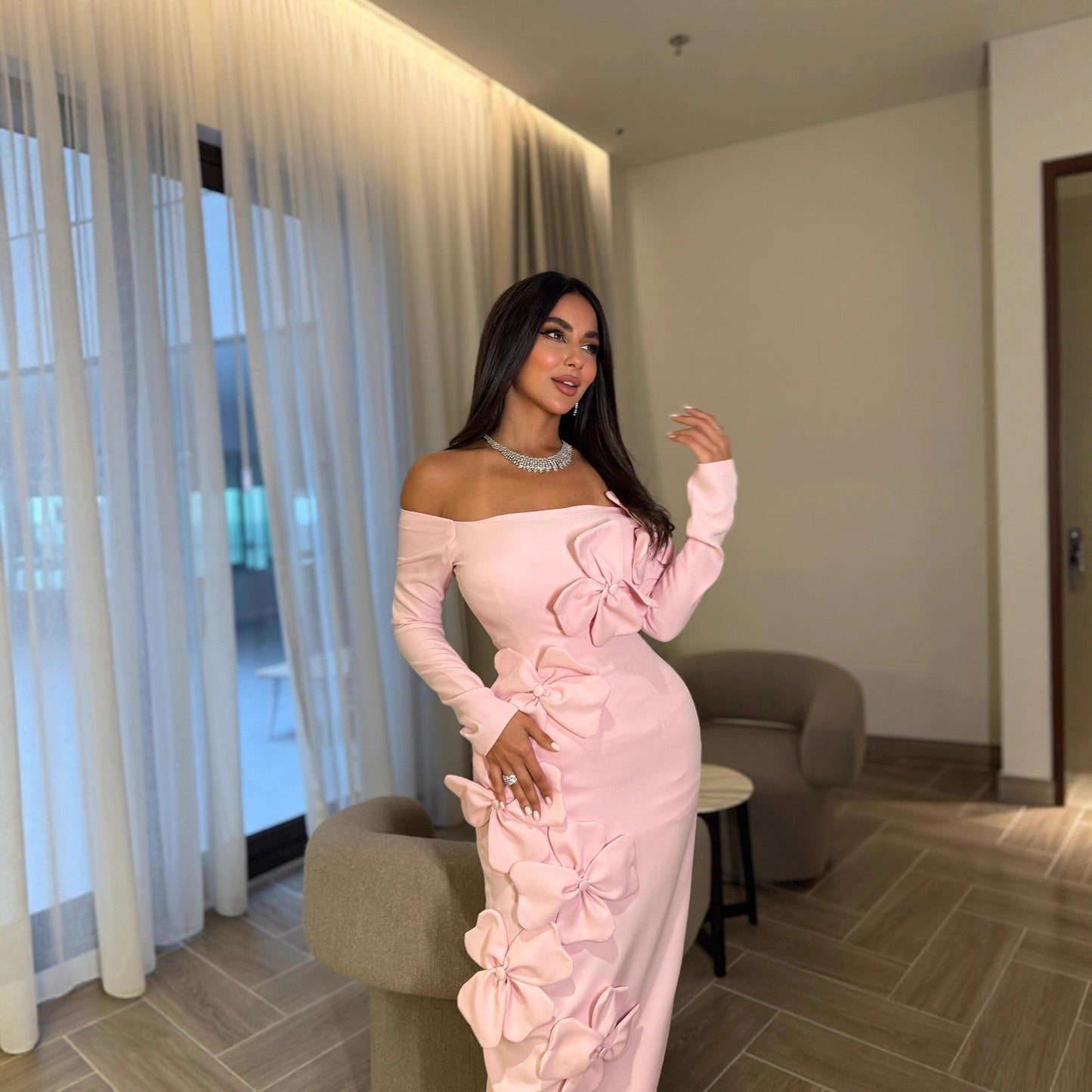 Spring Summer Middle East Elegant Sexy Sheath Three Dimensional Floral off Shoulder Long Sleeve Dress