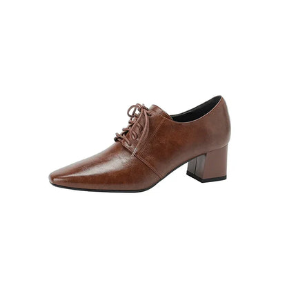 NEW Spring/Autumn Women Pumps Square Toe Chunky Heel Shoes Concise Split Leather Shoes for Women Lace-up Handmade Women Shoes