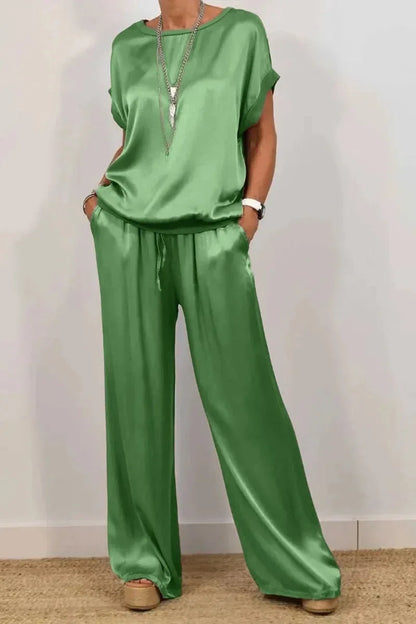 Casual Loose Satin T Shirt Pants Two Piece Sets Women Fashion O-neck Short Sleeve T Shirts Suit Spring Summer Wide Leg Pant Sets