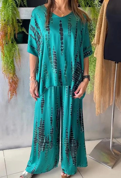Summer Fashion T-shirt Pants Set Women Geometric Print Short Sleeved Tops Loose Wide Leg Pants Elegant Lady Set Clothing 2025