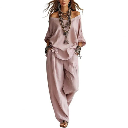 New Elegant Off Shoulder Sling Tops Long Pant Set Summer Women Casual Loose Sleeve Solid 2Pc Suits Fashion Draped Party Suits
