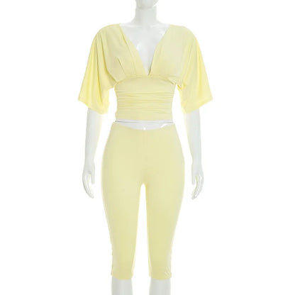 Women Sexy 2 Piece Pant Sets Summer Club Party Batwing Sleeve V Neck Crop Top Capri Pants Matching Set Beach Vacation Outfits