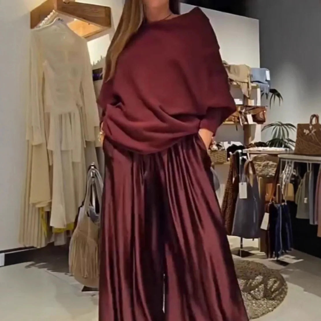 Fashion 2 Pieces Sets Women Elegant Off-shoulder Loose Tops And Satin Wide Leg Pants Sets 2026 Spring Casual Suit Woman Clothes