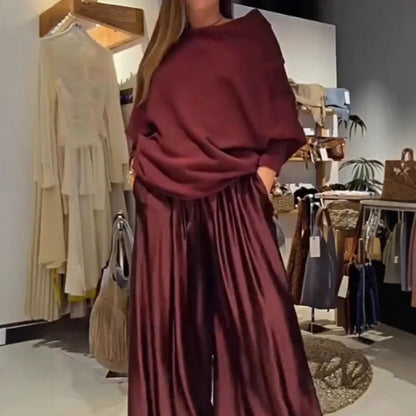 Fashion 2 Pieces Sets Women Elegant Off-shoulder Loose Tops And Satin Wide Leg Pants Sets 2026 Spring Casual Suit Woman Clothes