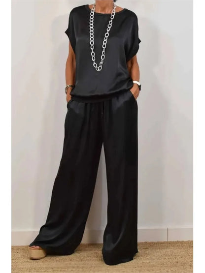 2-piece Set Fashion Satin O Neck T-shirt Top Trousers Summer Retro Elegant Casual Loose Wide-leg Pants Female Home Clothing Suit