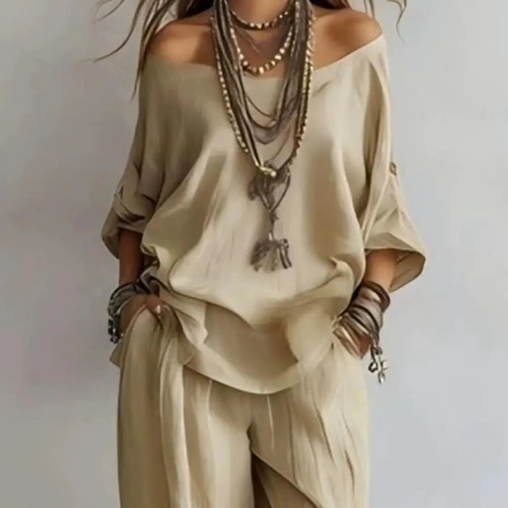 New Elegant Off Shoulder Sling Tops Long Pant Set Summer Women Casual Loose Sleeve Solid 2Pc Suits Fashion Draped Party Suits