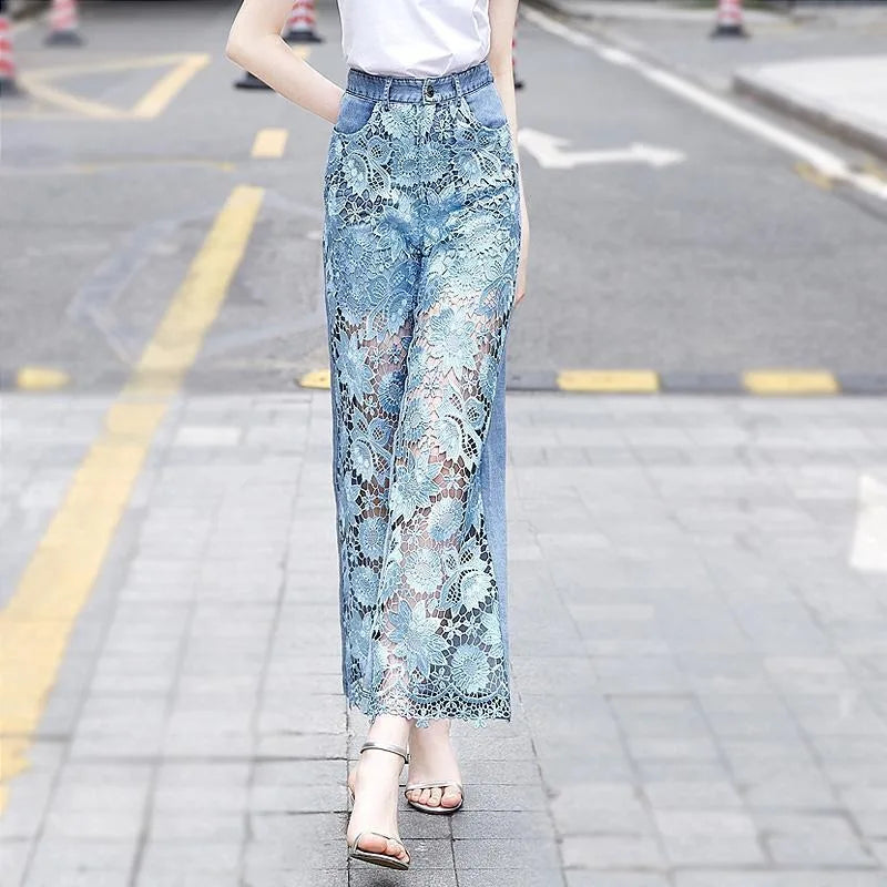Women'sHigh Waist Lace Panel DenimWide Leg Pants with Floral Cutout Design,Summer Breathable Straight LegTrousers for Daily Wear