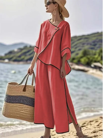 Women Loose Striped Print Split Wide Legs Pants Two Piece Sets Spring Elegant Slanted Short Sleeves Set Office Ladies 2Piece Set