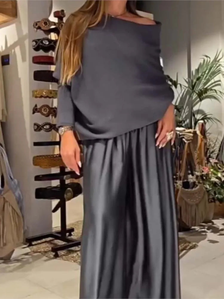 Fashion Satin Sexy Off-shoulder Women Long-sleeved T-shirt Trousers Suit Autumn Elegant Woman Loose Wide-leg Trousers 2piece Set