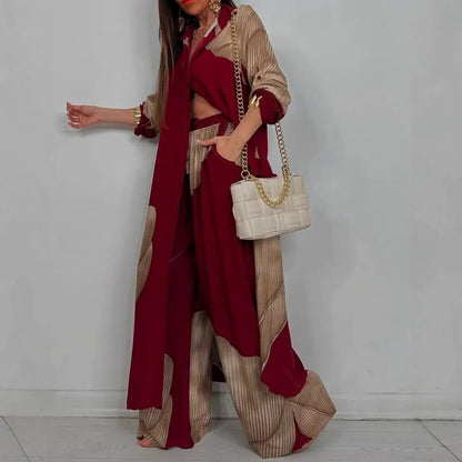 Elegant Lady Set Printed Long Shirt Top Wide Leg Pants 2-piece Outfit Casual Loose Oversized Women Sets Casual Two-piece Outfit
