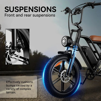 G60 E-Bike 1000W Adult Electric Bicycle 20” Fat Tire E-Bike 48V 15Ah Battery 45-55KM Range Dual Suspension 31MPH